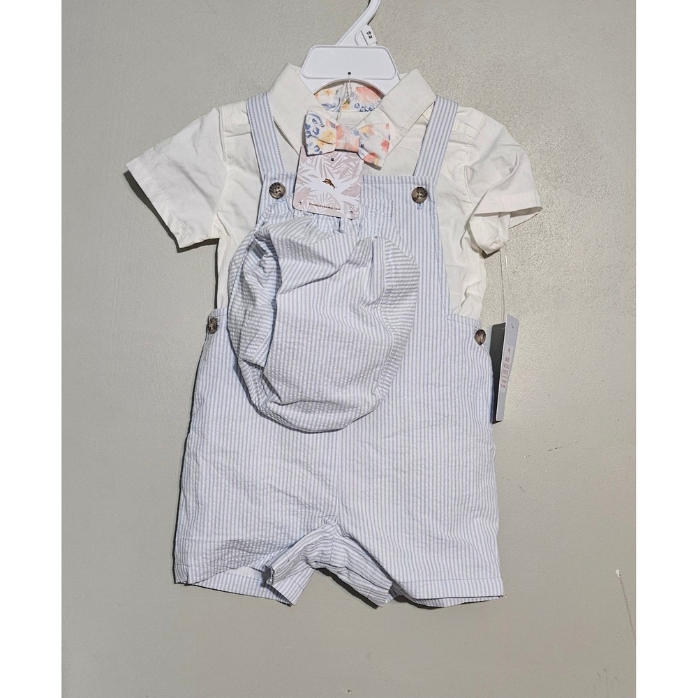 🐋🐦Tommy Bahama 18M Seersucker Overalls Bodysuit Hat Bow Tie Set Blue White🐠🐬